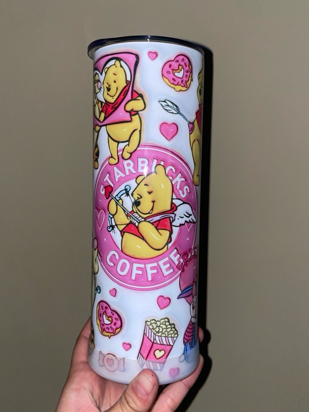 custom-made Starbucks Pink & White Winnie the Pooh Heart Travel Tumbler